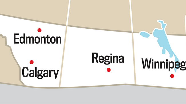 partial map of Canada, with callouts for Edmonton, Calgary, Regina, and Winnipeg