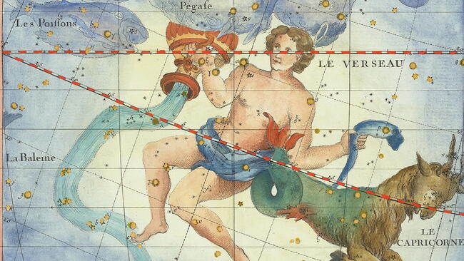 Aquarius amongst his constellation, pouring water from the Water Jar of Aquarius