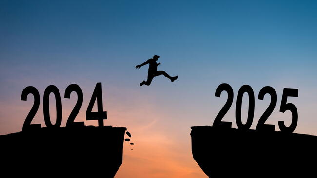 Welcome Merry Christmas in 2025. A young man jump between 2024 and 2025 years over the sun and through on the gap of hill silhouette evening colorful sky. Happy new year. Vector illustration.