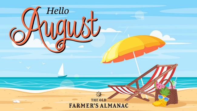 sitting at a beach in a chair with an umbrella, hello august!