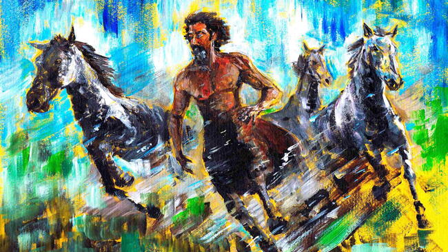 Colorful modern illustration of Chiron, a centaur with a human torso and horse body, standing among horses.