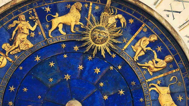Zodiac dial on the Torre dell’Orologio in Venice, showing several of the 12 astrological signs.