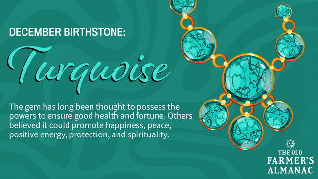 December birthstone, turquoise infographic, turquoise necklace, old farmers almanac