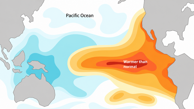 El Niño illustration showing warmer-than-normal water across the central and eastern tropical Pacific Ocean.
