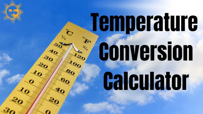 temperature conversion calculator, blue sky with clouds with a thermometer in view. Celsius and Fahrenheit 
