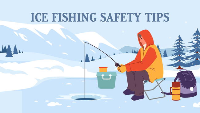 Winter fishing in frozen mountain lake landscape. Male fisherman in warm jacket sitting on folding chair with fishing rod to catch fish in hole in ice, man waiting cartoon vector illustration