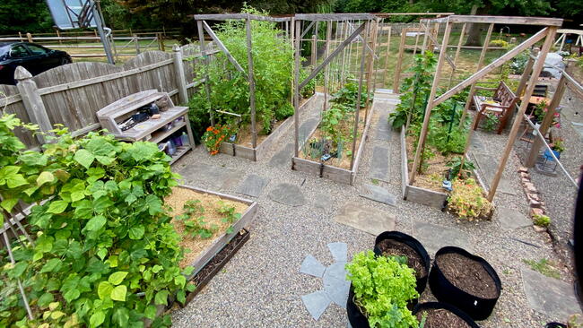 Neat rows of raised garden beds, with gravel and stone walkways