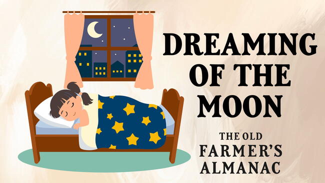 young girl in bed with a star covered blanket, dreaming of the moon