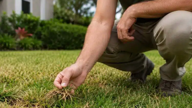 homeowner inspecting thinning grass in a summer lawn