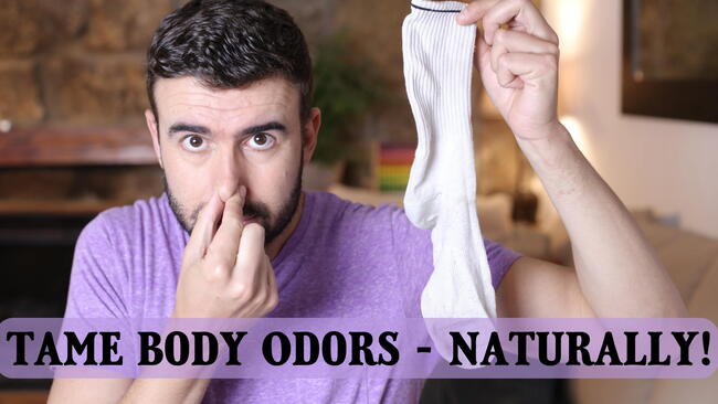 man holding a stinky sock, plugging his nose. How to tame body odors naturally text