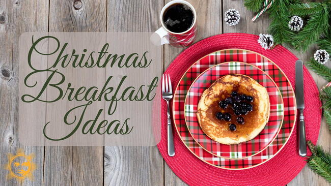 christmas breakfast ideas, pancakes on a festive holiday plaid plate with red placemat