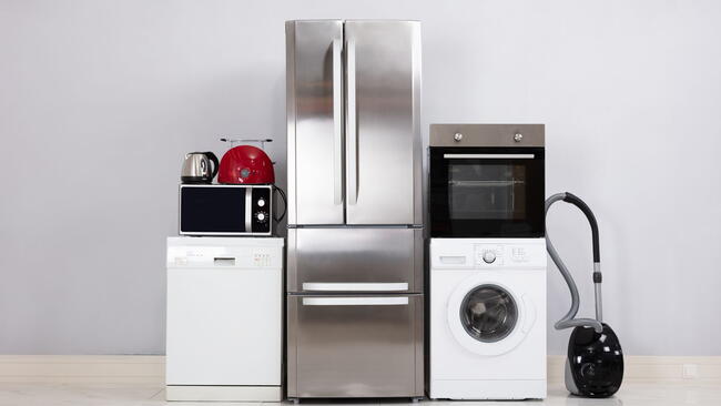 appliances, dishwasher, washing machine, vacuum, microwave, tea kettle