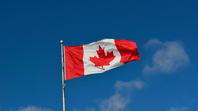 A Canadian flag blowing in the wind next to a blue sky