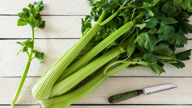 bunch of celery on the table, a stalk of celery