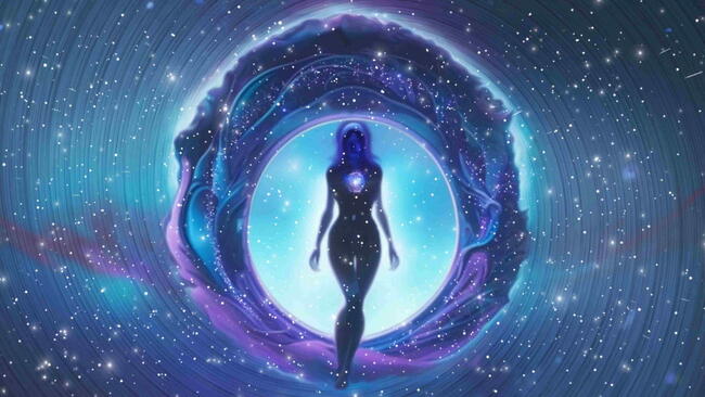 Illustration of a female silhouette surrounded by stars and a glowing cosmic portal, representing Black Moon Lilith in astrology.