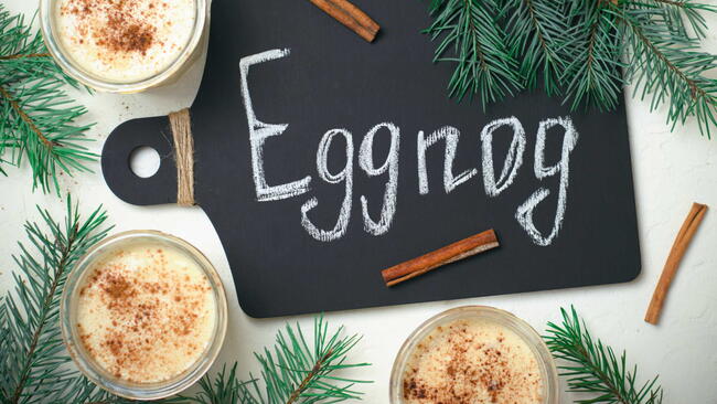 Eggnog, Traditional Christmas Drink, Homemade Cocktail with Cinnamon and Nutmeg for Winter Holidays, Top View eggnog mocktail non-alcoholic