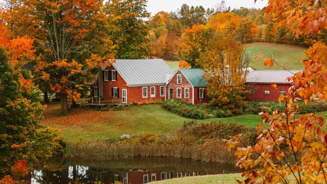 New England Autumn Jenne Farm House Red Barn Pond with Fall Foliagef
