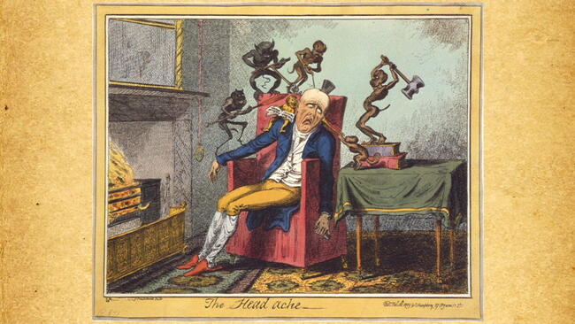 Cruikshank physically embodies the pains of a severe headache as a group small demons who here attack a man collapsed in a chair next to a fireplace, holding a bottle of medicine.