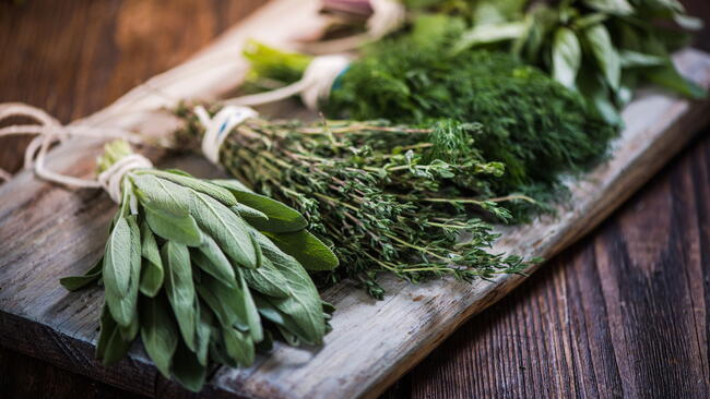 bunches of herbs drying on table for herbal remedies