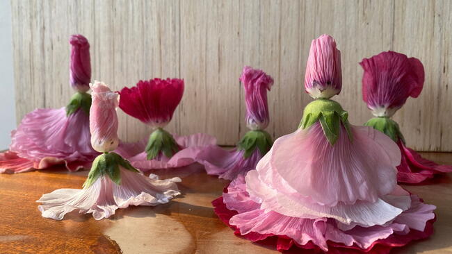 pink hollyhock dolls on a wooden table