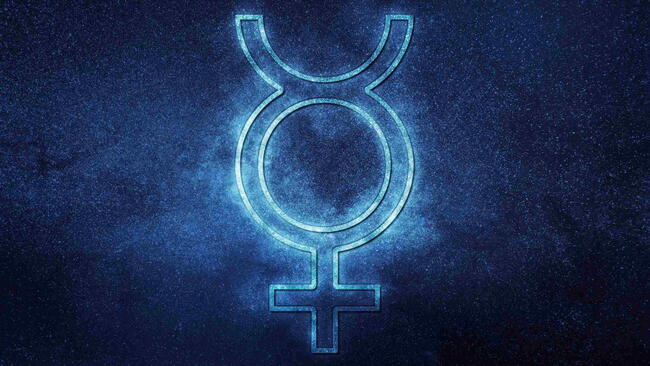 Mercury astrology symbol glowing against a starry night sky