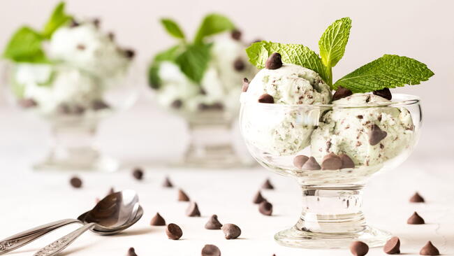 homemade mint chocolate chip ice cream with fresh mint