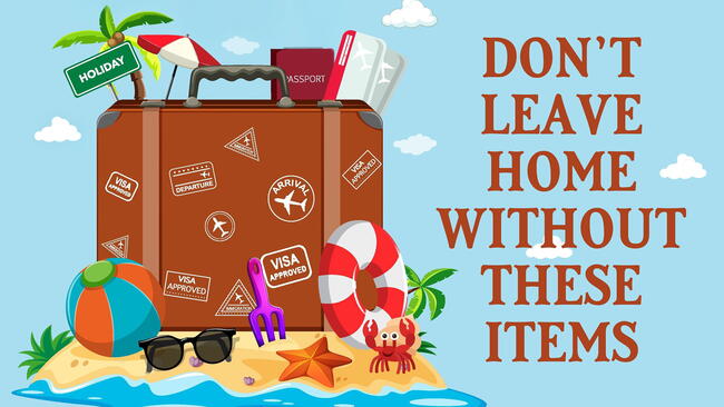 Plane Travel, dont leave home without these items, suitcase, beach ball, umbrella, passport at the beach
