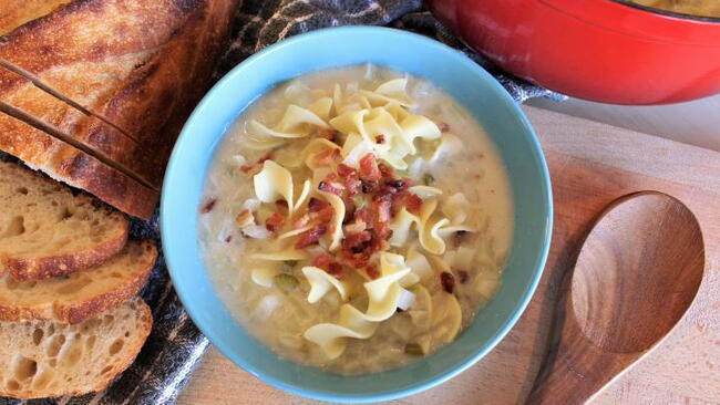 soup in a blue bowl