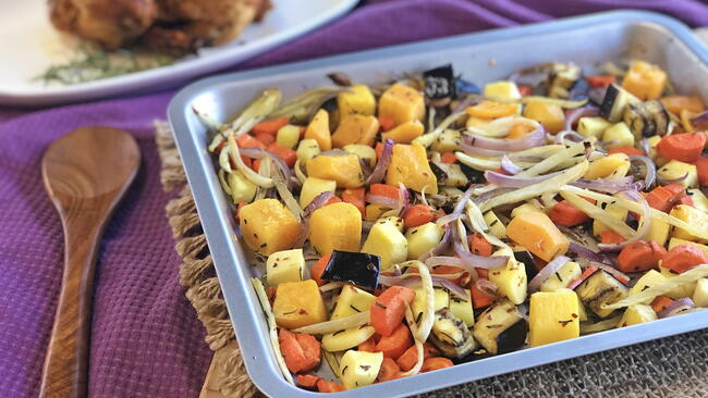 roasted winter veggies on a sheet pan