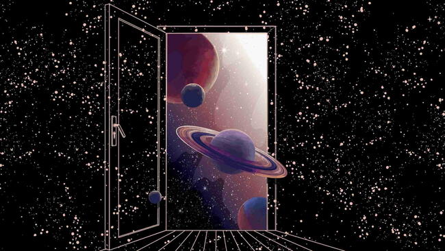 Saturn enters through an open door in space.