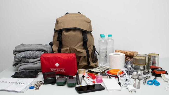 Emergency backpack equipment organized on the table. Documents, water,food, first aid kit and another items needed to survive.