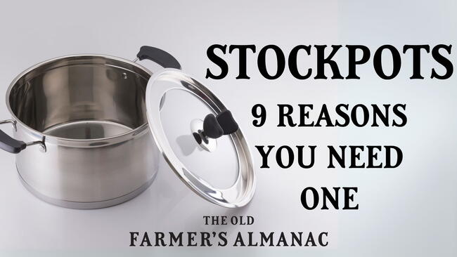 stainless steel stockpot with the cover leaning against it.