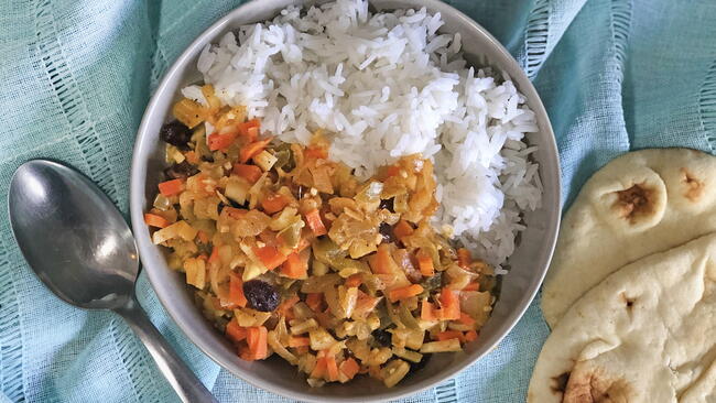sweet and spicy winter vegetables over rice