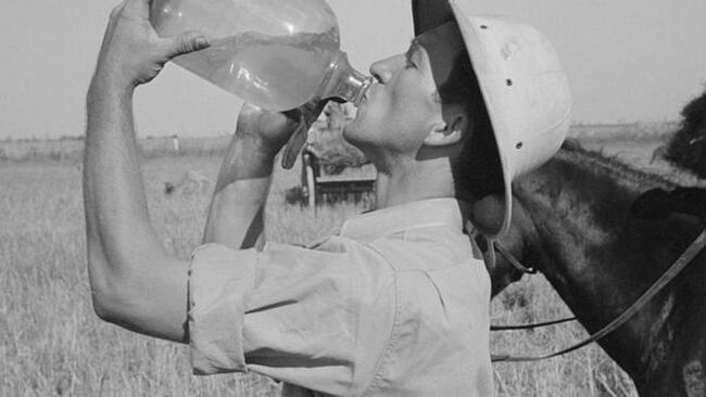 historic photo of a man drinking switchel on the hay field