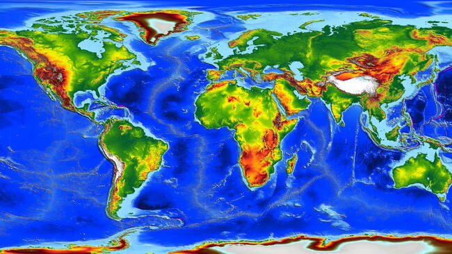 Earth flat view from space. Detailed World physical map on global satellite photo. Panoramic planet map 3D illustration
