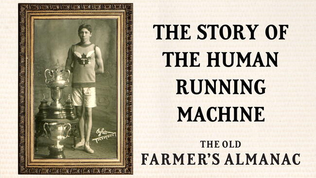 tom longboat, the human running machine. photo of runner next to a large trophy