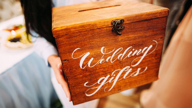 wooden box that says wedding gifts on it