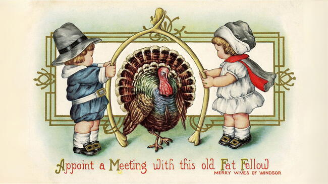 kids at thanksgiving with a wishbone and turkey