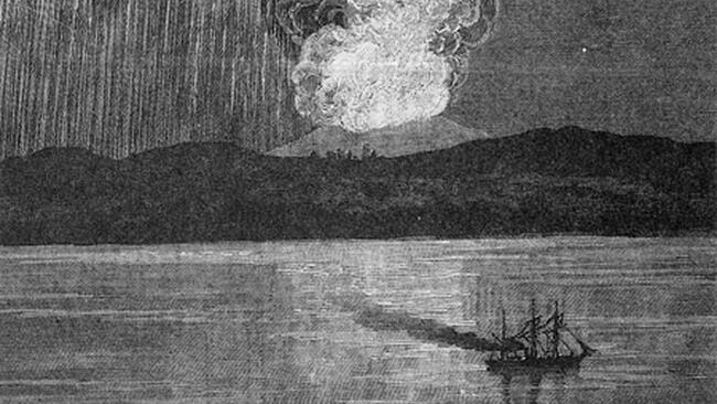 black and white drawing of Mount Tambora erupting