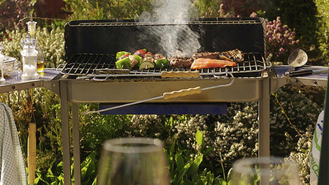 vegetable kebabs, meat and fish cooking on an outdoor grill