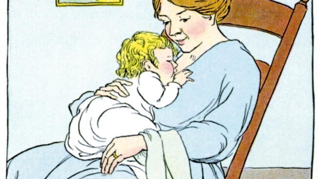 illustration of mother in a rocking chair, holding her baby