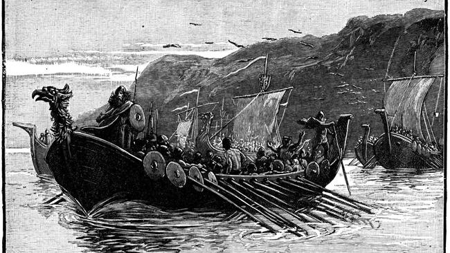 a wood cut print of Vikings on a Ship