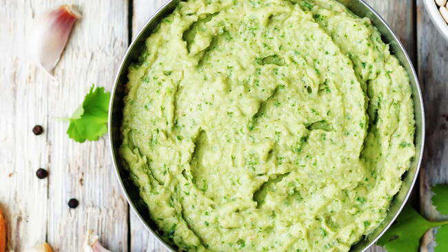 Asparagus Hummus Served With Dukkah-Spiced Pita Chips