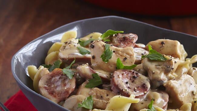 Chicken and Cajun Pork Sausage Stroganoff