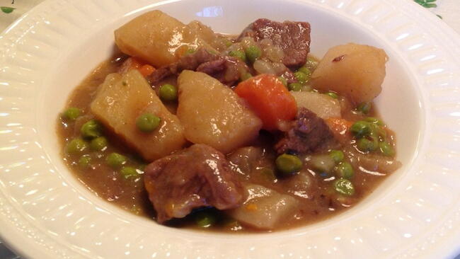 Lazy Man's Beef Stew in a white bowl