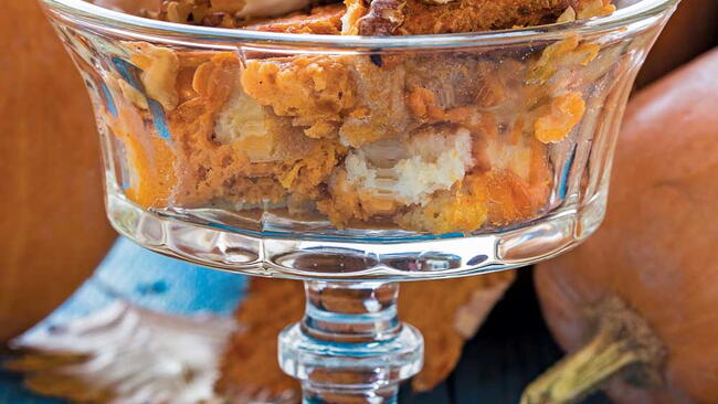 closeup of bowl of pumpkin bread pudding