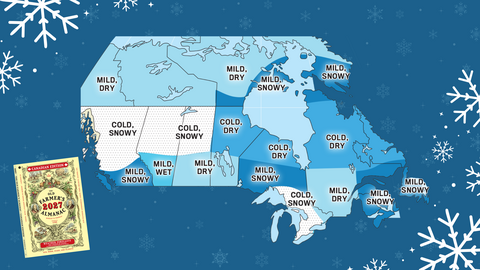 The Old Farmer’s Almanac 2026–2027 Canada winter forecast map with the 2027 Canadian Edition cover.