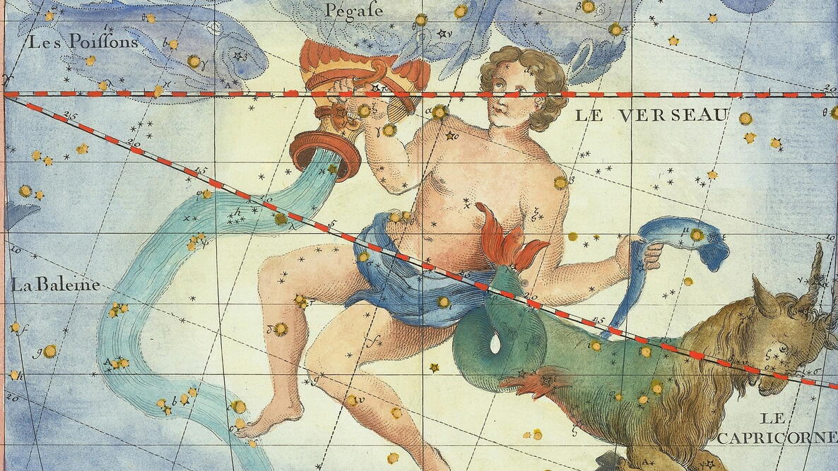 Aquarius amongst his constellation, pouring water from the Water Jar of Aquarius