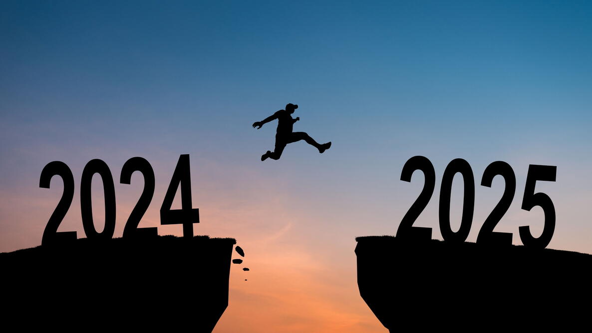 Welcome Merry Christmas in 2025. A young man jump between 2024 and 2025 years over the sun and through on the gap of hill silhouette evening colorful sky. Happy new year. Vector illustration.