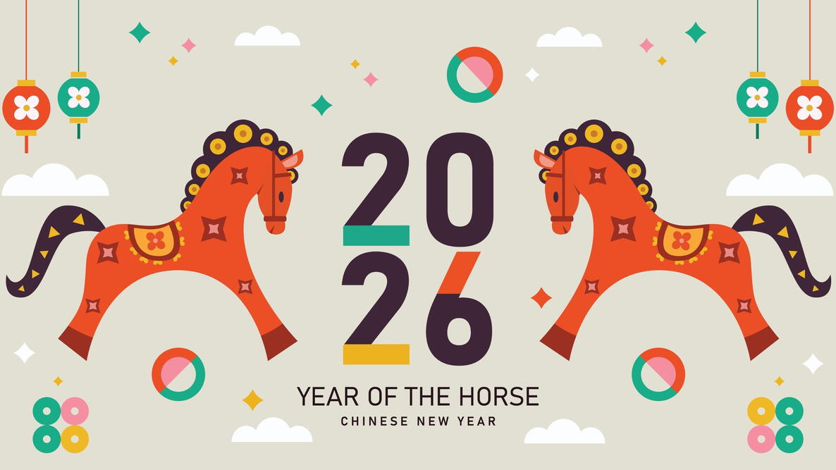 Happy Chinese New Year 2026 with horses, year of horse, 2026 New Year banners, posters, newsletters. 2026 Lunar New Year